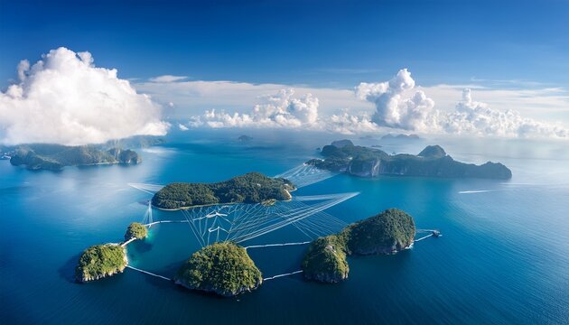 sky islands archipelago with connecting chains above clouds and ocean