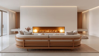 Obraz premium Bright warm interior of a living room featuring modern wood furnishings, suited for interior layout use