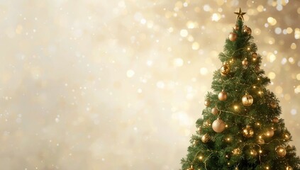 Obraz premium Festively adorned Christmas tree with colorful decorations, holiday decor backdrop
