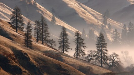 Sloping hillsides feature evergreen trees shrouded in morning mist