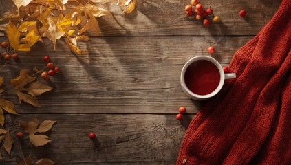 Autumn setting featuring a warm red beverage on a table with yellow leaves, mountain ash berries, and rose hips, seasonal decor