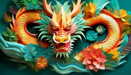 vibrant low poly chinese dragon among lush greenery for design and decoration