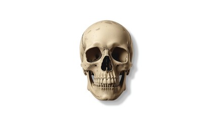 Fototapeta premium Human skull set against a white background with clipping path, highlighting bone anatomy and form