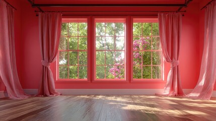 Bright room with pink curtains opens to a vibrant garden view.