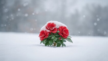 Camellia flowers blanketed in snow, highlighting natural cold resilience and winter landscape, seasonal change