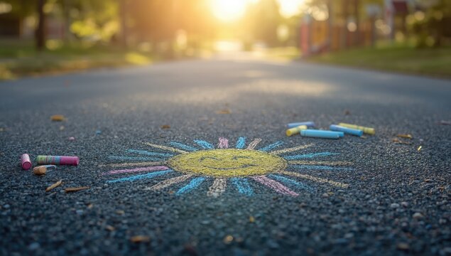 Childs drawing of sun and colorful chalks on a street, street art activity encouraging artistic expression, International Youth Day