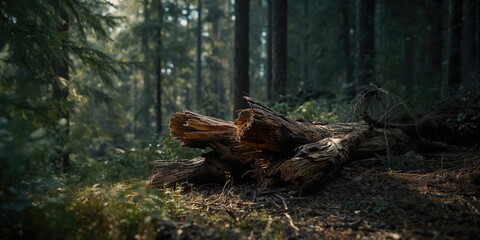 Fototapeta premium Fallen tree trunks caused by bark beetle infestation, forest decline, Earth Day