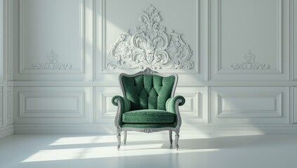 Green upholstered vintage armchair placed against a wall with Rococo wall design details, ideal for interior styling