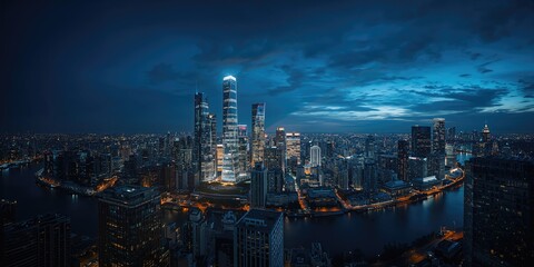 Fototapeta premium Cityscape of tall office buildings seen from above in a contemporary metropolis at night, urban environment, architecture, skyline, business hub, nighttime illumination