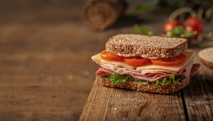 Ham and cheese sandwich with fresh vegetables on whole grain bread, ideal for lunch or light meal, no holiday