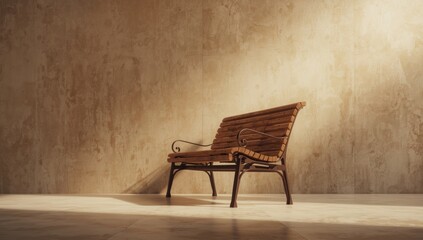 Unoccupied metal and wood bench positioned on a beige marble surface serving as an editorial header background