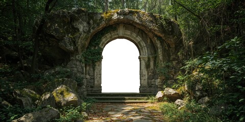 Single stone arch on a white background emphasizing structural stability, entrance to an ancient cave, moss-covered rocks