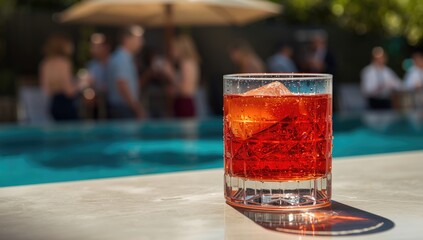 Closeup of a mixed drink with campari, aperol, and cranberry juice, highlighting bright hues for an editorial header background