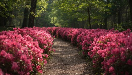 Blooming azalea bushes lining a forest trail at a botanical garden in spring, emphasizing seasonal renewal