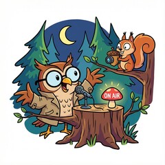 Cartoon owl broadcasting while squirrel captures the moment in forest  