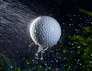 golf ball mid air with rain droplets