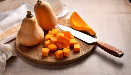 fresh butternut squash diced on wooden cutting board with sharp kitchen knife