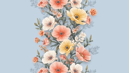 Colorful 2D flower illustrations in pink and yellow with grey leaves on a blue backdrop, used for pattern or decorative purposes