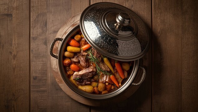 Croatian Peka with meat and vegetables in an iron cover, viewed from above, highlighting slow-cooking techniques, World Food Day