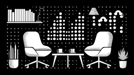 Modern minimalist office meeting room illustration with two chairs, table, and abstract dotted background for business discussion