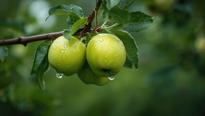 Close-up of shiny green apples glistening with rainwater, highlighting natural moisture and fruit appeal, World Fruit Day