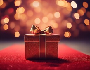 gift box with ribbon on red carpet with bokeh background generative ai