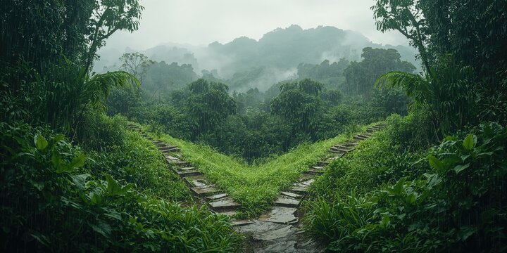 Weathered landscape showing two routes under rain, highlighting navigation challenges and environmental conditions