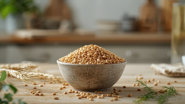Uncooked brown organic bulgar wheat in a bowl highlighting whole grain benefits, World Nutrition Day