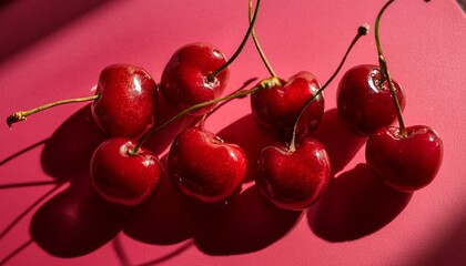 a close up studio shot of ripe red cherries placed on a bright pink surface sharp shadows are cast emphasizing the fruit s texture and vibrant color