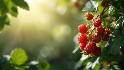 Sunlit raspberry plant with lush green leaves and vibrant fruit, suitable for editorial header backgrounds