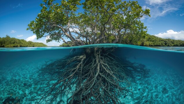 Rhizophora mangle mangroves with above and below water roots in Caribbean, emphasizing shoreline preservation, Earth Day