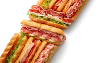 Variety of deli sandwiches featuring salami, ham, and cheese, arranged for serving, Food & Drink, casual dining