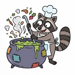 Cartoon raccoon chef stirring pot full of soup with vegetables  