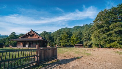 Historic folk village setting with vibrant foliage, highlighting cultural heritage, Earth Day
