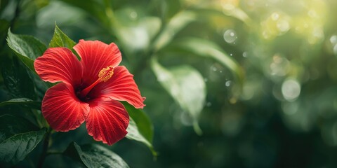Obraz premium Red hibiscus flower on green background used as tropical-themed wallpaper, vibrant botanical patterns