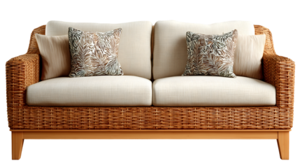 Luxurious tropical style two seater wicker sofa featuring neutral cushions and patterned accent pillows on transparent background