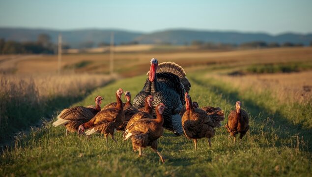 Poultry in a grassy field, highlighting free-range farming, rural landscape