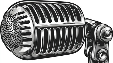 Detailed illustration depicts a classic metallic broadcasting device with intricate engraving