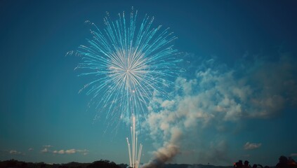 Evening fireworks lighting up the sky above an urban area, suitable as a backdrop for festive layouts