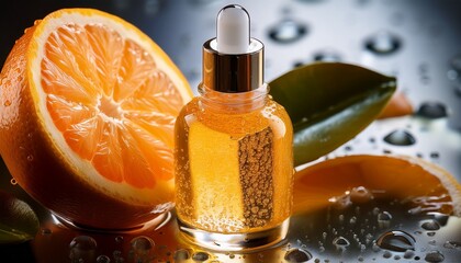 detailed ro shot showcasing the purity and texture of a revitalizing citrus beauty serum emphasizing the refreshing effect of water droplets on its surface for advanced skincare