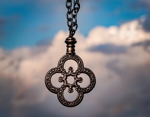 ornate gothic key suspended with chains against a cloudy backdrop