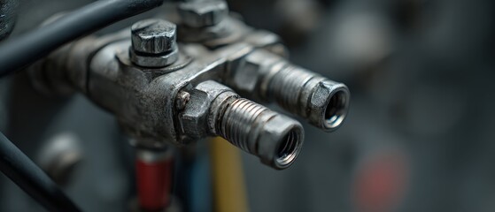 Closeup of industrial metal machinery parts with threaded connections and bolts, showcasing robust engineering and mechanical details in a factory or workshop setting Concept of manufacturing and tech