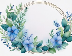 eucalyptus and blue flowers in a watercolor circle frame