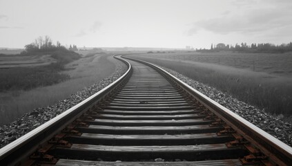 Fototapeta premium Black and white photograph of curving train tracks disappearing into the horizon, ideal for editorial header backgrounds