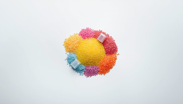 Polyethylene and polypropylene plastic particles and single-use tableware on a white background, emphasizing pollution concerns