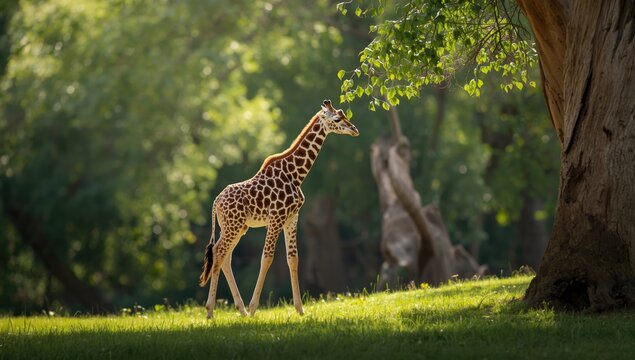 Young giraffe grazing in a sunny outdoor enclosure, wildlife observation - Powered by Adobe