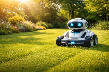 Active pet robot cutting grass on full length summer garden lawn with bright sunlight and copy space
