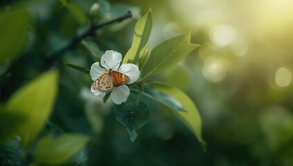 Naklejka premium Butterfly resting on white flower, highlighting pollinator role, World Pollinator Day