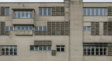 Obraz premium Facade of a light beige, multi-story building with repeating window patterns