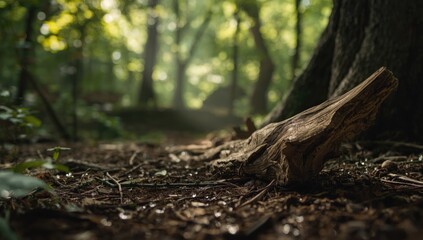 Fototapeta premium Broken wood fragment lying on forest floor, decomposition and ecological recycling